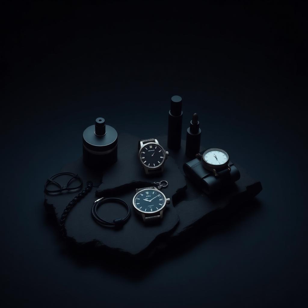 Ethereal objects arranged on dark stone